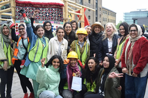We welcome the diverse group of female students from Pakistan, Bangladesh and United Kingdom who are building 2 low tech, low #carbon structures based on designs of Ms.Yasmeen Lari to highlight women's role in #Climate Revolution at King's Cross