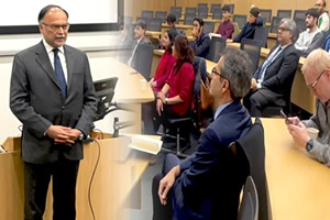Minister Ahsan Iqbal gives a talk at the Cambridge University